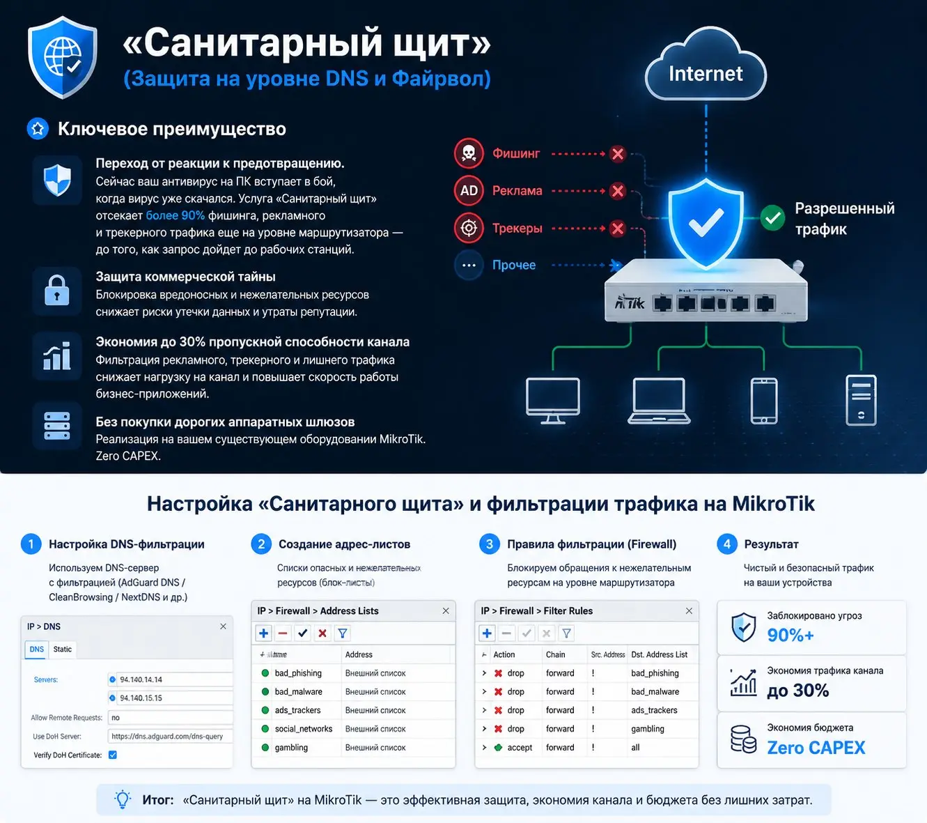 Настройка Санитарного щита и фильтрации трафика на Mikrotik